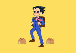 Rule 34 | 1boy, 3235116a, ace attorney, backpack, bag, black eyes, black hair, blue jacket, blue pants, brown bag, brown footwear, collared shirt, commentary request, dog, full body, highres, holding strap, jacket, kyoufuu all back (vocaloid), long sleeves, male focus, missile (ace attorney), necktie, no mouth, pants, parody, phoenix wright, pink necktie, pomeranian (dog), shirt, short hair, simple background, solo, spiked hair, walking, white shirt, yellow background