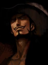 Rule 34 | 1boy, black hair, chinstrap, dark, dark background, dracule mihawk, facial hair, frown, hat, hat feather, jewelry, male focus, matsubaki, mustache, necklace, one piece, open clothes, open shirt, pirate, popped collar, shirt, solo, yellow eyes