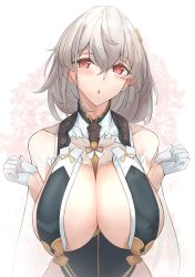 Rule 34 | 1girl, azur lane, blush, breast curtains, breasts, china dress, chinese clothes, cleavage, clenched hands, dress, gloves, hair ornament, half gloves, hands up, highres, large breasts, looking at viewer, neckwear between breasts, open mouth, red eyes, revealing clothes, see-through, short hair, sirius (azur lane), sirius (azure horizons) (azur lane), solo, white gloves, white hair, yusha m