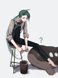 Rule 34 | 1girl, ?, absurdres, ahoge, applying pedicure, barefoot, black necktie, black pants, clipping toenails, clodsire, closed mouth, collared shirt, commentary request, creatures (company), earrings, game freak, green hair, grey shirt, highres, holding, insuu0511, jewelry, long hair, looking down, necktie, nintendo, pants, pokemon, pokemon (creature), pokemon sv, ponytail, red eyes, rika (pokemon), shirt, sitting, sleeves rolled up, stool, suspenders, toes, trash can