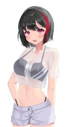 Rule 34 | 1girl, absurdres, bang dream!, bikini, black hair, blush, breasts, cleavage, crop top, highres, large breasts, midriff, mitake ran, multicolored hair, navel, open mouth, red eyes, red hair, see-through, see-through shirt, shirt, short hair, short shorts, shorts, solo, streaked hair, suisen (suisenhwa), swimsuit, t-shirt, two-tone hair, v-shaped eyebrows
