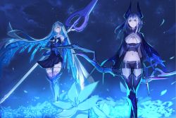 Rule 34 | 2girls, aslaug (fate), black shirt, black shorts, black skirt, blouse, blue eyes, blue flower, blue hair, boots, bow (weapon), brynhildr (fate), brynhildr romantia, closed mouth, cloud, commentary request, fate/grand order, fate/prototype, fate/prototype: fragments of blue and silver, fate:lost einherjar, fate (series), flower, green neckerchief, hair ornament, headpiece, highres, holding, holding bow (weapon), holding polearm, holding weapon, horns, kashia, long hair, midriff, mother and daughter, multiple girls, navel, neckerchief, night, night sky, one eye closed, outdoors, petals, polearm, purple eyes, sailor collar, sailor shirt, shirt, short shorts, shorts, signature, skirt, sky, smile, spear, thighhighs, very long hair, weapon, white hair, white sailor collar