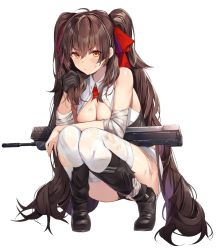 Rule 34 | 1girl, ass, assault rifle, bandaged arm, bandages, bare shoulders, black footwear, black gloves, black panties, blush, boots, breasts, brown hair, bullpup, cleavage, closed mouth, collared shirt, frown, full body, girls&#039; frontline, gloves, gun, hair between eyes, hair ribbon, hand up, highres, kaerunoko, knee boots, long hair, looking at viewer, medium breasts, panties, qbz-97, red neckwear, red ribbon, ribbon, rifle, shirt, sidelocks, simple background, sleeveless, sleeveless shirt, solo, squatting, thighhighs, thighs, torn clothes, twintails, type 97 (girls&#039; frontline), underwear, v-shaped eyebrows, very long hair, weapon, white background, white shirt, white thighhighs, yellow eyes