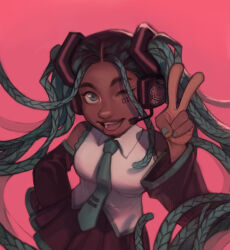 1girl absurdres alternate_skin_color aqua_eyes aqua_hair aqua_nails aqua_necktie black_skirt black_sleeves collared_shirt commentary cowboy_shot dark_skin detached_sleeves digodigdig dreadlocks english_commentary facial_tattoo hair_ornament hand_up hatsune_miku headset highres long_hair long_sleeves looking_at_viewer miniskirt nail_polish necktie number_tattoo one_eye_closed open_mouth pink_background pleated_skirt shirt simple_background skirt sleeveless sleeveless_shirt smile solo standing tattoo twintails v very_dark_skin very_long_hair vocaloid white_shirt