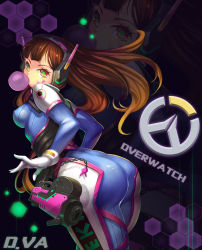 Rule 34 | 1girl, absurdres, acronym, arched back, armor, ass, blunt bangs, bodysuit, bracer, breasts, brown eyes, brown hair, blowing bubbles, character name, charm (object), chewing gum, copyright name, covered erect nipples, cowboy shot, d.va (overwatch), emblem, facepaint, facial mark, from behind, gloves, gun, handgun, headphones, high collar, highres, logo, long hair, looking at viewer, looking back, medium breasts, overwatch, overwatch 1, pauldrons, pilot suit, ribbed bodysuit, shoulder armor, shoulder pads, smile, solo, star-shaped pupils, star (symbol), symbol-shaped pupils, thigh strap, turtleneck, weapon, whisker markings, white gloves, xiao du