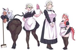 Rule 34 | 4girls, :p, alternate costume, animal ears, animal hands, apron, ass, aunt and niece, black footwear, black gloves, black legwear, blonde hair, blue eyes, bonnet, braid, breasts, broom, cat ears, cat tail, character request, cleavage, closed eyes, curvy, dark-skinned female, dark elf, dark skin, dragon girl, dragon tail, duster, elf, elf-san wa yaserarenai., enmaided, elfuda (elf-san wa yaserarenai.), expressionless, fake animal ears, french braid, full body, gloves, gonda (elf-san wa yaserarenai.), green eyes, hair over shoulder, heels, high heels, highres, huge ass, huge breasts, kemonomimi mode, kuroeda (elf-san wa yaserarenai.), large breasts, legs, lifted by tail, loafers, looking at viewer, looking back, low ponytail, maid, maid apron, maid headdress, mature female, mole, mole under eye, multiple girls, ooeda (elf-san wa yaserarenai.), open mouth, pantyhose, parted bangs, paw gloves, pinky out, plump, pointy ears, red eyes, red hair, scales, scar, shoes, short hair, shortstack, silver hair, small breasts, smile, standing, stomach, synecdoche, tail, thick eyebrows, thick thighs, thighhighs, thighs, tongue, tongue out, upskirt, waist apron, white background, wide hips, wrist cuffs, zettai ryouiki