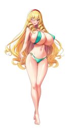 Rule 34 | 1girl, bikini, blonde hair, blush, breasts, curly hair, derauea, green bikini, hairband, hand on own chest, highres, huge breasts, long hair, looking at viewer, one eye closed, smile, solo, swimsuit, white background, yellow eyes