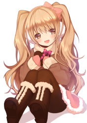 Rule 34 | 1girl, :d, bad id, bad pixiv id, black pantyhose, blush, boots, bow, brown eyes, brown hair, candy, chocolate, chocolate heart, coat, earmuffs, food, hairband, heart, holding, long hair, mittens, nana mikoto, open mouth, original, pantyhose, ribbon, scarf, simple background, sitting, smile, solo, twintails, white background