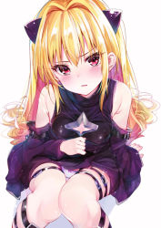 Rule 34 | 1girl, arm support, bare legs, bare shoulders, black dress, blonde hair, blush, bow, bow panties, breasts, cleavage cutout, clothing cutout, commentary request, detached sleeves, dress, embarrassed, hair ornament, highres, knees together feet apart, knees up, konjiki no yami, leather, leg strap, long hair, panties, pantyshot, parted lips, red eyes, rouka (akatyann), simple background, sitting, small breasts, solo, thigh strap, to love-ru, underwear, upskirt, very long hair, white background, white panties
