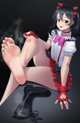Rule 34 | 1girl, :p, absurdres, barefoot, black hair, boots, unworn boots, feet, fingerless gloves, foot focus, gloves, highres, long hair, looking at viewer, love live!, red eyes, shoes, unworn shoes, sitting, smell, soles, steam, toes, tongue, tongue out, twintails, yazawa nico