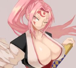 Rule 34 | 1girl, baiken, breasts, cleavage, collarbone, facial mark, guilty gear, hair intakes, huge breasts, japanese clothes, katana, kimono, long hair, one-eyed, one eye closed, open clothes, open kimono, parted lips, pink eyes, pink hair, ponytail, scar, scar across eye, scar on face, shino (2919), silver background, simple background, solo, sword, weapon