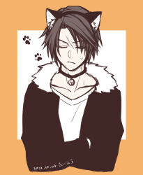 Rule 34 | 1boy, alternate costume, animal ears, bell, black choker, brown hair, cat ears, choker, closed eyes, commentary request, crossed arms, dated, fake animal ears, final fantasy, final fantasy viii, frown, fur-trimmed jacket, fur trim, hiryuu (kana h), jacket, male focus, neck bell, open clothes, open jacket, orange background, paw print, scar, scar on face, short hair, signature, simple background, solo, squall leonhart, sweatdrop