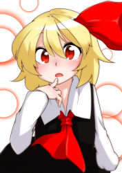 Rule 34 | 1girl, :o, blonde hair, finger to mouth, hair ribbon, highres, kameyan, red eyes, ribbon, rumia, shirt, short hair, simple background, skirt, slit pupils, solo, touhou, vest, white background