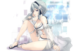 Rule 34 | 1girl, ankle ribbon, arm at side, assault lily, bare legs, bare shoulders, bikini, black footwear, black hairband, bow hairband, bracelet, breasts, cleavage, commentary request, flower, frilled bikini, frills, from side, front-tie bikini top, front-tie top, full body, grey footwear, grey hair, grin, hair between eyes, hair bun, hair flower, hair ornament, hair ribbon, hairband, halterneck, hand on own cheek, hand on own face, hand up, hata matsuri, highres, jewelry, knee up, large breasts, leg ribbon, long sleeves, looking ahead, navel, off shoulder, official alternate costume, official alternate hairstyle, open clothes, open shirt, parted lips, pearl bracelet, purple eyes, rectangle, ribbon, sandals, see-through, see-through shirt, short hair, sidelocks, single hair bun, sitting, smile, solo, stomach, swimsuit, swimsuit cover-up, two-tone footwear, urutsu sahari, white background, white bikini, white flower, white ribbon