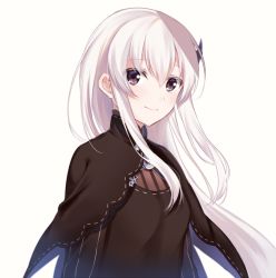 Rule 34 | 1girl, black capelet, breasts, capelet, closed mouth, commentary request, dress, echidna (re:zero), hair between eyes, hair ornament, long hair, long sleeves, looking at viewer, nemu mohu, purple eyes, re:zero kara hajimeru isekai seikatsu, sidelocks, simple background, small breasts, smile, solo, upper body, white background, white hair