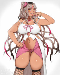 Rule 34 | 1girl, bangle, black hair, bracelet, breasts, buck teeth, cameltoe, chest tattoo, cleavage, coattails, commentary, commission, cowboy shot, dark-skinned female, dark skin, english commentary, facial mark, fate/extra, fate/extra ccc, fate/grand order, fate (series), fellatio gesture, fingernails, fishnet socks, fishnets, forehead mark, forehead tattoo, gyaru, hair ornament, hair scrunchie, handjob gesture, heart, heart tattoo, highres, jewelry, keigi, kneehighs, large breasts, lips, long hair, micro panties, multicolored hair, nail polish, naughty face, navel, navel piercing, one side up, oral invitation, panties, piercing, pink panties, pink scrunchie, pubic tattoo, red hair, red nails, scrunchie, sessyoin kiara, sideboob, silver hair, socks, solo, standing, stomach tattoo, tattoo, teeth, thick thighs, thigh gap, thighs, tongue, tongue out, underwear, upper teeth only, very long hair
