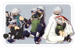Rule 34 | age progression, age regression, ankle wrap, bare shoulders, elbow gloves, emblem, fingerless gloves, forehead protector, gloves, hair over one eye, half mask, hatake kakashi, mask, multiple persona, naruto, naruto (series), outside border, scar, scarf, silver hair, sitting, sleeveless, takaichi (as121), tattoo, toeless legwear, toes, aged down