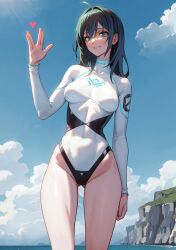 Rule 34 | 1girl, ahoge, black hair, blue sky, bodysuit, breasts, cloud, commentary request, covered navel, day, diving suit, gluteal fold, green eyes, haje, highres, korean commentary, long hair, long sleeves, one-piece swimsuit, original, outdoors, salute, sky, small breasts, solo, swimsuit, turtleneck, vulcan salute, wetsuit, white bodysuit, white one-piece swimsuit, white wetsuit