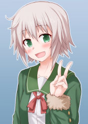 Rule 34 | 10s, 1girl, :d, anti (untea9), blue background, blush, collarbone, fur-trimmed sleeves, fur trim, green eyes, hand up, kantai collection, long sleeves, looking at viewer, open mouth, outline, school uniform, shimushu (kancolle), short hair, simple background, smile, solo, v, white hair