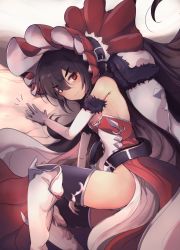 Rule 34 | 1girl, bare shoulders, bed invitation, bed sheet, belt, black hair, black legwear, copyright request, curled up, fur trim, gloves, highres, ilya (princess connect!), ilya (small) (princess connect!), koshian (taiyaki), long hair, loose socks, on bed, pelvic curtain, red eyes, socks, solo, thick eyebrows, very long hair, white gloves, white legwear