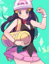 Rule 34 | 1girl, bad id, bad pixiv id, bag, bare shoulders, beanie, black eyes, black shirt, blue hair, blush, blush stickers, bracelet, breasts, closed mouth, cowboy shot, creatures (company), dawn (pokemon), duffel bag, female focus, game freak, green background, happy, hat, highres, holding, holding poke ball, jewelry, long hair, looking at viewer, miniskirt, nintendo, pink skirt, poke ball, poke ball (basic), poke ball symbol, poke ball theme, pokemon, pokemon dppt, red scarf, ririmon, scarf, shirt, simple background, skirt, sleeveless, sleeveless shirt, small breasts, smile, solo, sparkle, standing, white hat