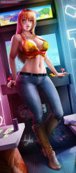 Rule 34 | 1girl, absurdres, arcade cabinet, belt, boots, brown eyes, crop top, denim, full body, game console, highres, jeans, jewelry, joy (shenmue), leaning back, looking at viewer, midriff, moonlen-jack, navel, necklace, orange hair, pants, pants tucked in, parted lips, sega, sega dreamcast, shenmue, shenmue ii, solo, stomach