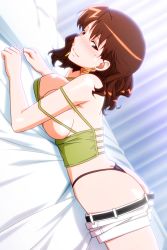 Rule 34 | 1girl, animal ears, ass, black panties, breasts, brown eyes, brown hair, clothes pull, dutch angle, feet out of frame, indoors, kaori (super real mahjong), large breasts, looking at viewer, lying, medium hair, mole, mole under eye, non-web source, official art, on bed, on stomach, panties, photoshop (medium), short shorts, shorts, shorts pull, smile, solo, strap slip, string panties, super real mahjong, tanaka ryou, the pose, thong, underwear