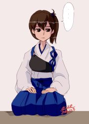 Rule 34 | ..., 10s, 1girl, 2015, 4suke, artist name, brown eyes, brown hair, dated, expressionless, hair between eyes, japanese clothes, kaga (kancolle), kantai collection, long sleeves, looking away, looking to the side, muneate, seiza, short hair, side ponytail, silver background, sitting, solo, speech bubble, spoken ellipsis, wide sleeves