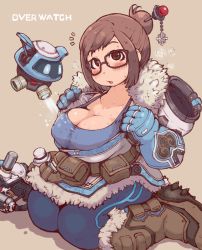 Rule 34 | 1girl, beads, belt, belt pouch, black-framed eyewear, blue gloves, boots, breasts, brown background, brown eyes, brown hair, canister, canteen, cleavage, coat, collarbone, copyright name, dress, drone, floating, fur coat, fur trim, glasses, gloves, gun, hair bun, hair ornament, hair stick, hairpin, hose, ibukichi, large breasts, looking at viewer, mei (overwatch), open mouth, overwatch, overwatch 1, parka, plump, pouch, robot, shoes, short hair, simple background, single hair bun, sitting, snowball (overwatch), solo, spiked shoes, spikes, sweat, sweatdrop, tank top, utility belt, wariza, weapon, winter clothes, winter coat
