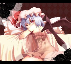 Rule 34 | 1girl, bat wings, bed, black flower, black rose, blue hair, female focus, flower, hat, hat ribbon, highres, letterboxed, looking back, nightgown, off shoulder, pillow, red eyes, remilia scarlet, ribbon, rose, short hair, sitting, solo, take tonbo, touhou, wariza, wings