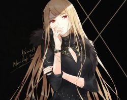 Rule 34 | 1girl, black background, black jacket, blonde hair, breasts, closed mouth, hand to own mouth, hand up, jacket, kachi, large breasts, long hair, looking at viewer, original, red eyes, simple background, smile, solo, upper body, very long hair, watch, wristwatch