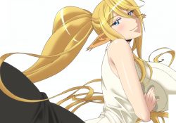 Rule 34 | 10s, 1girl, blonde hair, blue eyes, blush, breasts, centaur, centorea shianus, female focus, highres, large breasts, long hair, monster girl, monster musume no iru nichijou, screencap, simple background, solo, stitched, tagme, taur, third-party edit