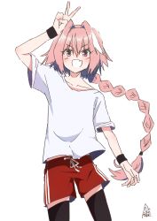Rule 34 | 1boy, :d, absurdres, arm above head, arm up, astolfo (fate), bad id, bad pixiv id, black bow, black thighhighs, blush, bow, braid, collarbone, commentary request, cowboy shot, double vertical stripe, drawstring, eyelashes, fang, fate/apocrypha, fate (series), gym shirt, gym shorts, hair between eyes, hair bow, hair intakes, highres, long hair, looking at viewer, male focus, multicolored hair, open mouth, pink hair, purple eyes, red shorts, shirt, short sleeves, shorts, signature, simple background, single braid, sketch, smile, solo, standing, streaked hair, t-shirt, thighhighs, trap, two-tone hair, v, v-shaped eyebrows, very long hair, white background, white hair, white shirt, wristband
