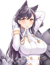 Rule 34 | 1girl, adjusting hair, amane hasuhito, animal ears, atago (azur lane), azur lane, black hair, blush, breasts, brown eyes, buttons, double-breasted, gloves, large breasts, looking at viewer, mole, mole under eye, simple background, smile, solo, white background, white gloves