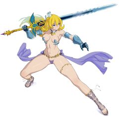 Rule 34 | 1girl, bad link, blonde hair, blue eyes, breasts, code of princess, cosplay, crown, drawfag, fighting stance, full body, gauntlets, highres, hime-sama &quot;goumon&quot; no jikan desu, hime (hime-sama &quot;goumon&quot; no jikan desu), holding, holding sword, holding weapon, long hair, mini crown, navel, simple background, small breasts, solange blanchefleur de luxe, solange blanchefleur de luxe (cosplay), solo, standing, sword, thigh strap, weapon, white background