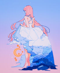 Rule 34 | 1girl, absurdres, blue background, crescent, dress, from behind, full body, gradient background, highres, holding, holding clothes, holding dress, long hair, meyoco, original, pink background, pink footwear, pink hair, print dress, shoes, sleeveless, sleeveless dress, solo, standing, white dress