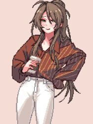 Rule 34 | blush, brown background, brown hair, casual, coffee cup, cowboy shot, cup, denim, disposable cup, girls&#039; frontline, green eyes, hand on own hip, holding, holding cup, jeans, lee-enfield (girls&#039; frontline), long hair, long sleeves, pants, pixel art, ponytail, red shirt, shirt, shirt tucked in, simple background, smile, very long hair, white pants, yiricannon