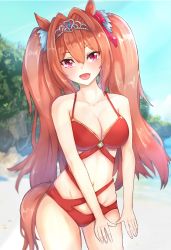 Rule 34 | 1girl, :d, absurdres, alternate costume, animal ears, bare shoulders, beach, bow, breasts, brown hair, cleavage, collarbone, commentary request, daiwa scarlet (umamusume), fang, hair bow, hair intakes, highres, horse ears, horse girl, horse tail, kunimoto rikuya, large breasts, long hair, looking at viewer, navel, ocean, one-piece swimsuit, open mouth, red bow, red eyes, red one-piece swimsuit, smile, solo, standing, swimsuit, tail, tiara, umamusume, very long hair