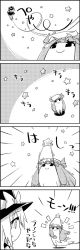 Rule 34 | 4koma, arms up, bow, broom, comic, crescent, crescent moon, flying, greyscale, hair bow, hat, highres, kirisame marisa, long hair, mob cap, monochrome, moon, patchouli knowledge, riding, smile, star (symbol), sweat, tani takeshi, touhou, translation request, witch hat, yukkuri shiteitte ne