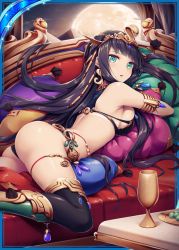 Rule 34 | 1girl, :o, akkijin, ass, bikini, black hair, boots, breast press, breasts, cleopatra (valkyrie crusade), couch, crown, cup, egyptian, from side, full moon, green eyes, hair ornament, long hair, looking back, lying, moon, non-web source, hugging object, on stomach, pillow, pillow hug, shinkai no valkyrie, sideboob, solo, swimsuit, table, tan, tanline, thighhighs, tiara