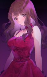Rule 34 | 1girl, absurdres, bare shoulders, black background, black gloves, blunt bangs, blurry, breasts, brown eyes, brown hair, chromatic aberration, cleavage, closed mouth, collarbone, commentary request, cowboy shot, depth of field, dress, film grain, floral print, gloves, gradient background, highres, idolmaster, idolmaster million live!, idolmaster million live! theater days, large breasts, long hair, looking at viewer, miyao miya, print dress, purple background, red dress, shiguri, sidelocks, sleeveless, sleeveless dress, solo, standing, thick eyebrows, wavy hair