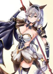 Rule 34 | 10s, 1girl, animal ears, armor, armored dress, backless outfit, braid, breasts, cat ears, cowboy shot, dress, erune, gauntlets, granblue fantasy, hair between eyes, hair intakes, hair tubes, hairband, heles, highres, holding, holding weapon, i.f.s.f, large breasts, long hair, looking at viewer, miniskirt, polearm, short dress, shoulder armor, silver hair, single braid, skirt, smile, solo, pauldrons, spear, thighhighs, very long hair, weapon, yellow eyes