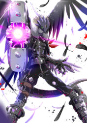 Rule 34 | 00s, 1boy, aiming, aiming at viewer, artist name, beelzebumon, beelzebumon blast mode, belt, black wings, blonde hair, chibi, coat, colored skin, demon, digimon, digimon (creature), digimon tamers, falling feathers, fangs, feathers, fur coat, gauntlets, gradient background, green eyes, grey skin, gun, helmet, jacket, leather, male focus, mask, monster, no humans, red eyes, seven great demon lords, short hair, shoulder pads, simple background, smile, solo, spikes, tail, third eye, weapon, white background, wings, winni
