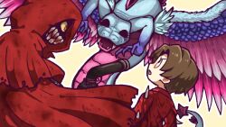 Rule 34 | 1boy, 1girl, blood, brown hair, cape, colored sclera, commentary request, dragon, employee (project moon), eyes in shadow, hatake shimeji, hood, hood up, hooded cape, jacket, little red riding hooded mercenary, lobotomy corporation, mask, mouth mask, open mouth, outline, project moon, queen of hatred, red cape, red eyes, red jacket, short hair, simple background, torn cape, torn clothes, white outline, yellow background, yellow sclera