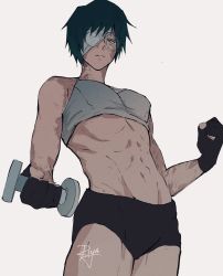 Rule 34 | 1girl, abs, bandaged head, bandages, bandages over eyes, black gloves, burn scar, exercising, facial scar, fingerless gloves, glasses, gloves, green hair, highres, jujutsu kaisen, looking at viewer, muscular, muscular female, one eye covered, pale skin, riyalise, scar, scar across eye, scar on arm, scar on cheek, scar on face, scar on forehead, short hair, short shorts, shorts, spoilers, sports bra, stomach, thighs, toned, weights, white background, yellow eyes, zenin maki