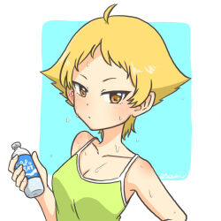 Rule 34 | 1girl, blonde hair, bottle, breasts, brown eyes, camisole, casual, closed mouth, commentary, erwin (girls und panzer), frown, girls und panzer, green camisole, holding, holding bottle, light frown, looking at viewer, medium breasts, no headwear, pointy hair, sazukichi, short hair, solo, sweat, twitter username, upper body, water bottle