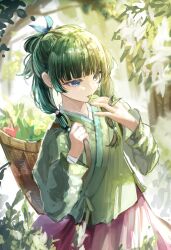 Rule 34 | 1girl, absurdres, basket, beads, blue eyes, blunt bangs, chinese clothes, commentary, eating, english commentary, freckles, green hair, hair beads, hair ornament, hair ribbon, herb, heyshikikan, highres, holding, holding leaf, kusuriya no hitorigoto, leaf, long hair, long sleeves, low-tied long hair, maomao (kusuriya no hitorigoto), outdoors, ribbon, solo, tree, upper body, wide sleeves