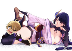 Rule 34 | 1boy, 1girl, aether (genshin impact), ahoge, blunt bangs, boots, braid, breasts, chibi, chinese clothes, choke hold, cleavage, genshin impact, hair ornament, hair tie, hand on another&#039;s thigh, head between thighs, headscissor, highres, large breasts, lips, long hair, long sleeves, looking to the side, low-braided long hair, low-tied long hair, lying, mature female, mole, mole under eye, nail polish, obi, on stomach, one eye closed, panties, panty peek, purple eyes, purple hair, purple nails, raiden shogun, sash, scissorhold, simple background, strangling, thighhighs, thighs, underwear, wrestling, xter
