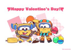 Rule 34 | 2boys, aircraft, airplane, ball, blue eyes, brown eyes, chocolate, donnie (super wings), english text, excavator, highres, kim mushroom, mecha, multiple boys, robot, scoop (super wings), simple background, super wings, toolbox, valentine