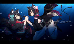 Rule 34 | 2girls, air bubble, animal ears, azur lane, bad id, bad pixiv id, bell, black footwear, black hair, black kimono, blue eyes, blush, breasts, bubble, butterfly hair ornament, cat ears, copyright name, day, eye contact, feet out of frame, floral print, from side, full body, fusou (azur lane), hair ornament, hair tie, highres, holding hands, interlocked fingers, japanese clothes, jingle bell, kimono, large breasts, leaning back, leaning forward, letterboxed, light rays, long hair, long sleeves, looking at another, low-tied long hair, multiple girls, profile, red eyes, shoes, short hair, sideboob, submerged, sunbeam, sunlight, tareme, tassel, thighhighs, tohochang, underwater, water, white legwear, wide sleeves, yamashiro (azur lane)